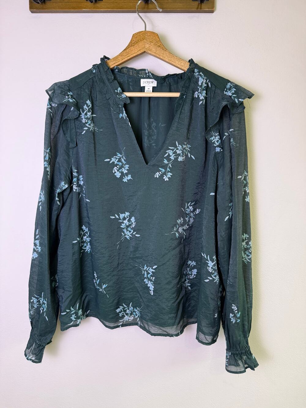 J.Crew Floral Ruffle Sheer Blouse Medium Dark Green Romantic Cottagecore Top